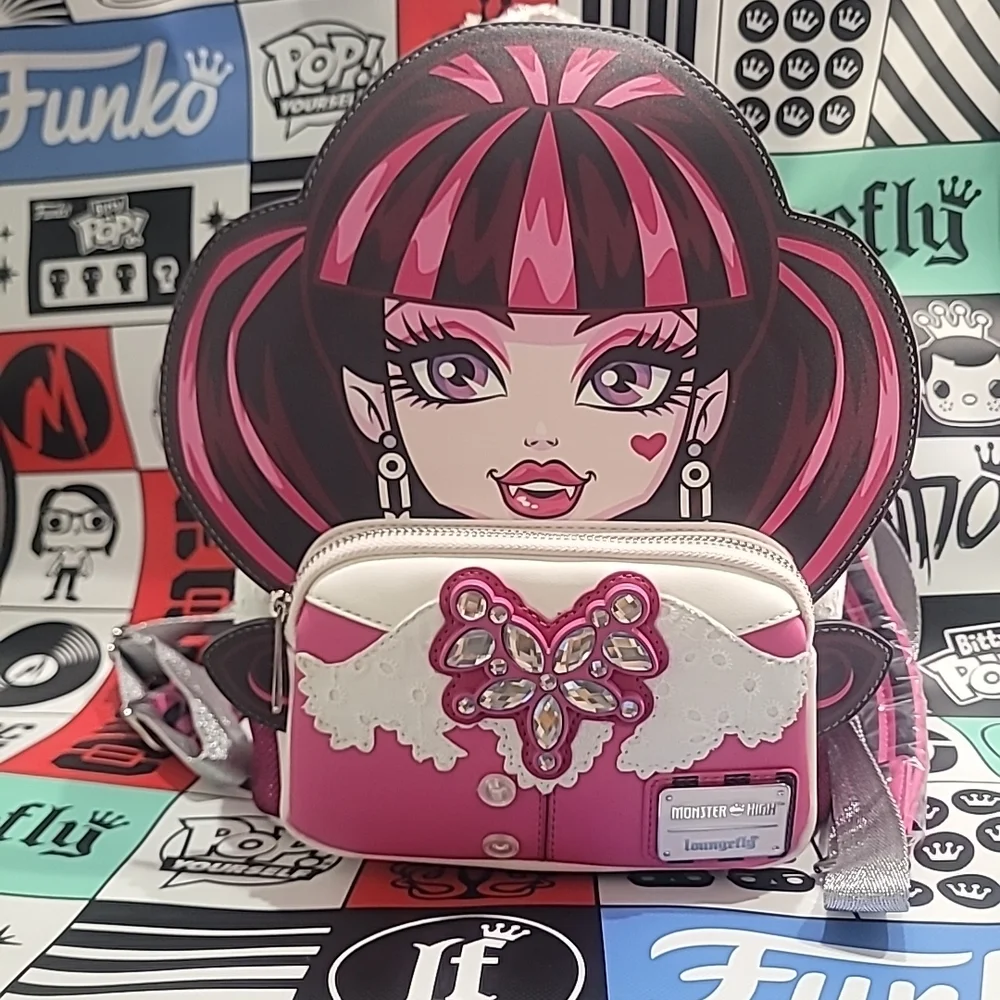 Loungefly Pink, Black & White Character Backpack with Jeweled Bow Pocket - Picture 1 of 4
